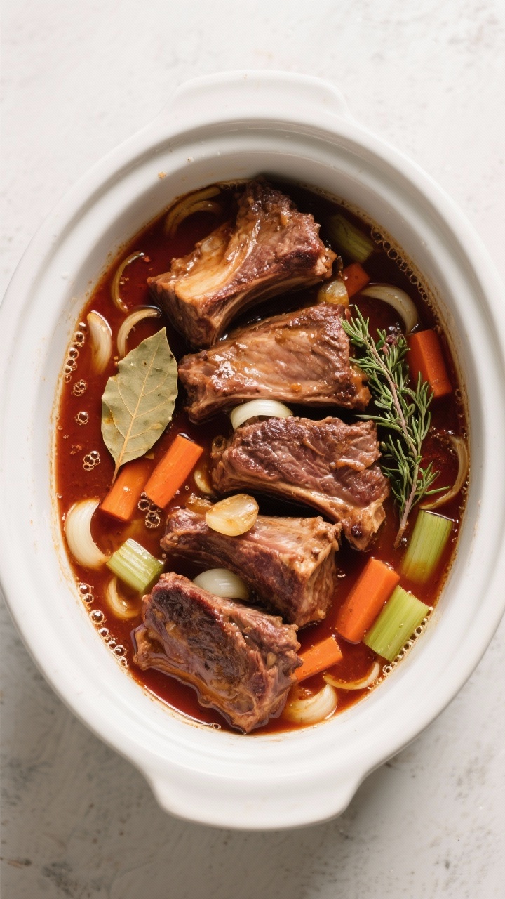 Cooking process: Overhead shot of slow cooker mid-braise—cooked short ribs nestled in a rich, redd