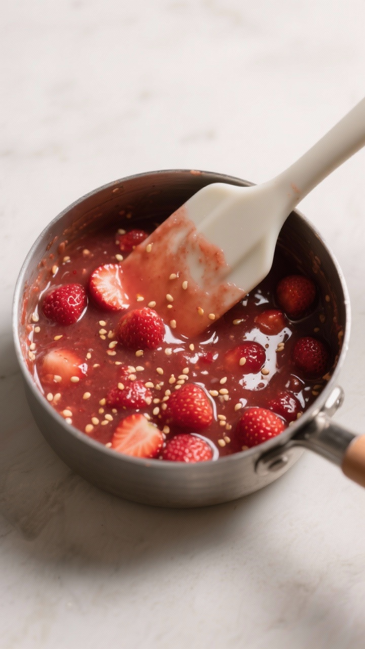 Cooking process: Overhead shot of the cornstarch-thickened strawberry mixture in a small saucepan at