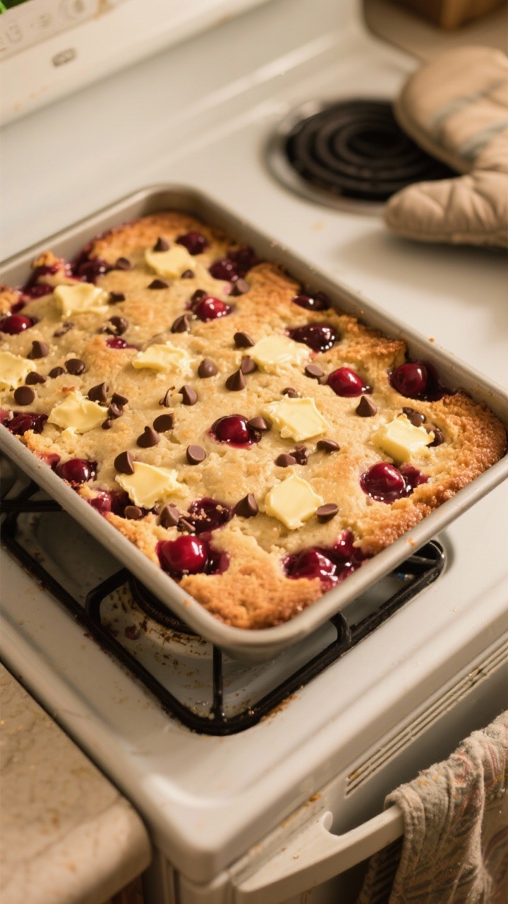 Cooking process: Overhead shot of the dump cake mid-bake just pulled from the oven in a 9x13 pan, to
