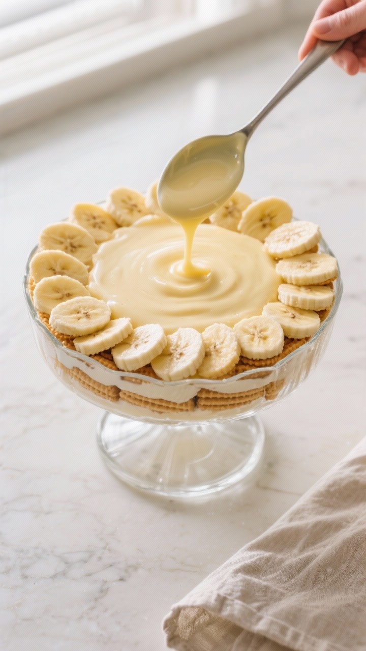 Cooking process: Overhead shot of the first layering stage in a clear trifle bowl—neat ring of gol