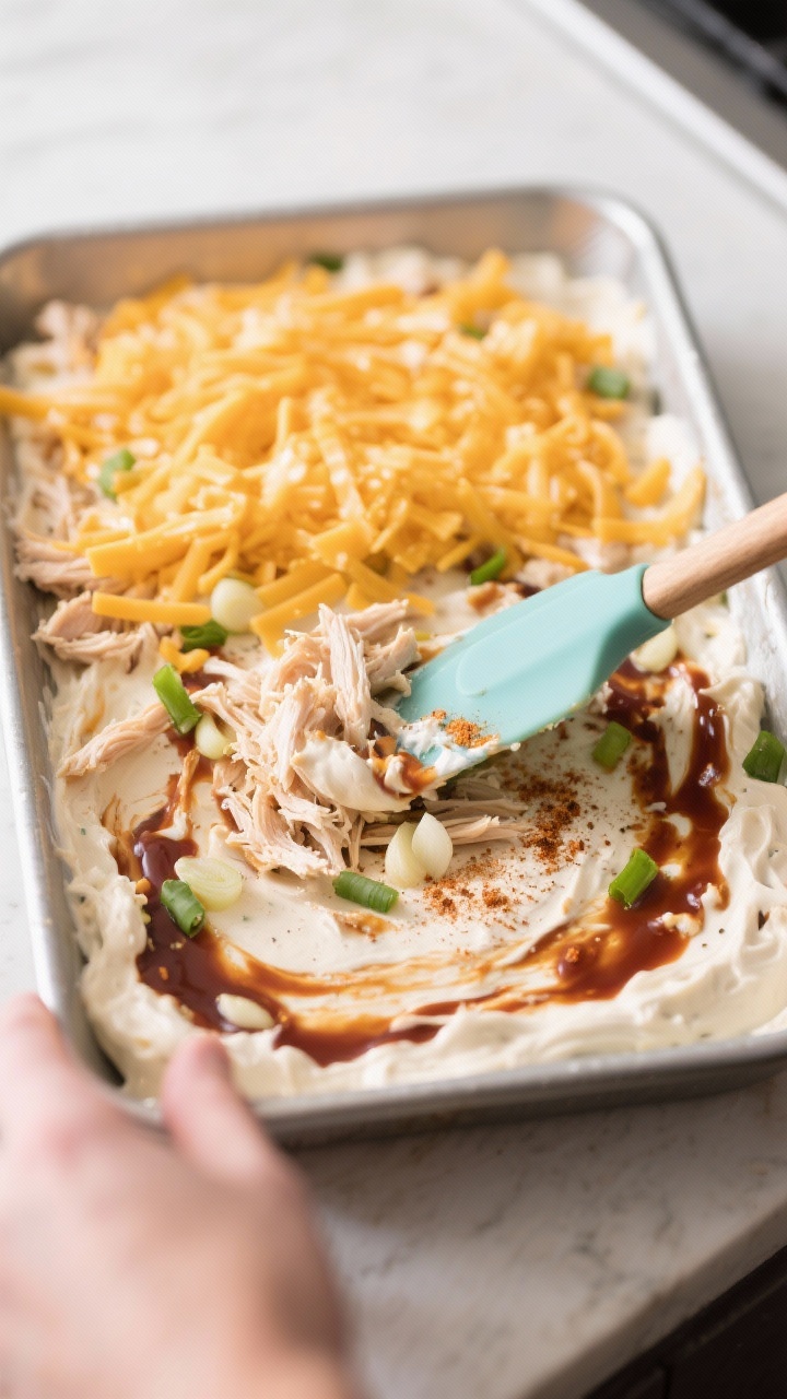 Cooking process: Overhead shot of the mixed dip being spread evenly into a greased baking dish with