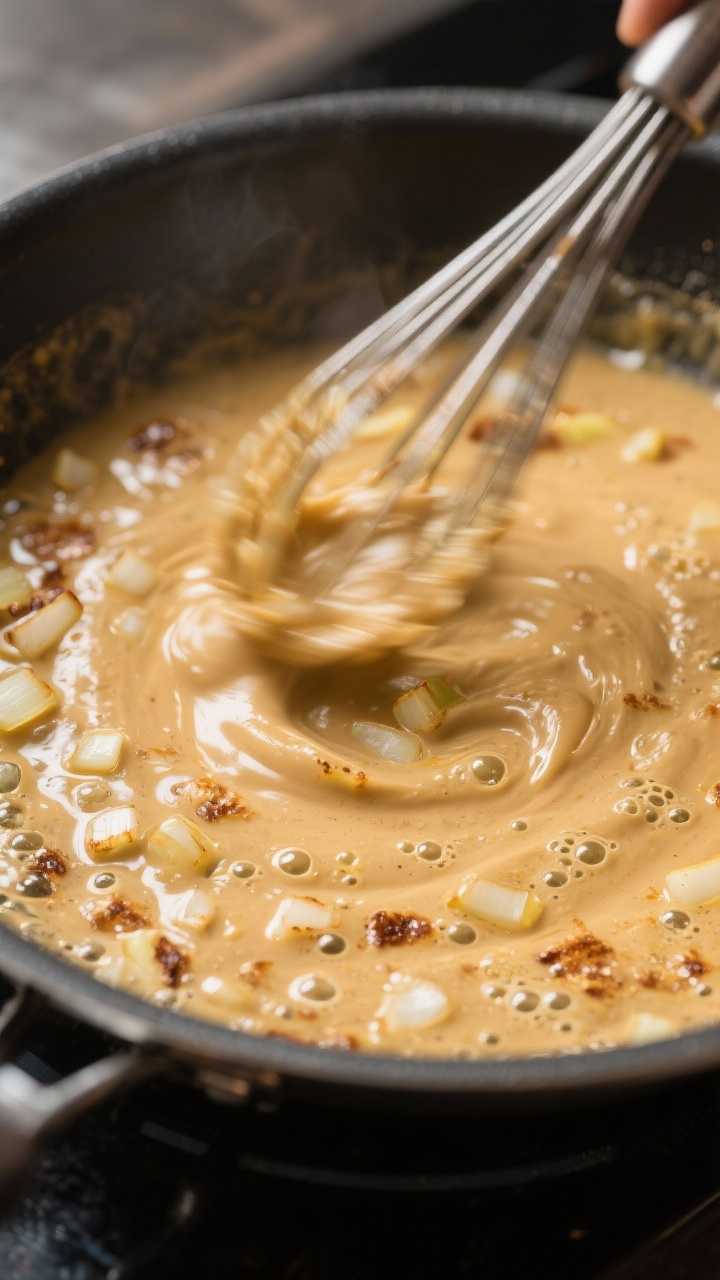 Cooking process: Roux stage in a sauté pan—light golden-brown butter-and-drippings roux being whi