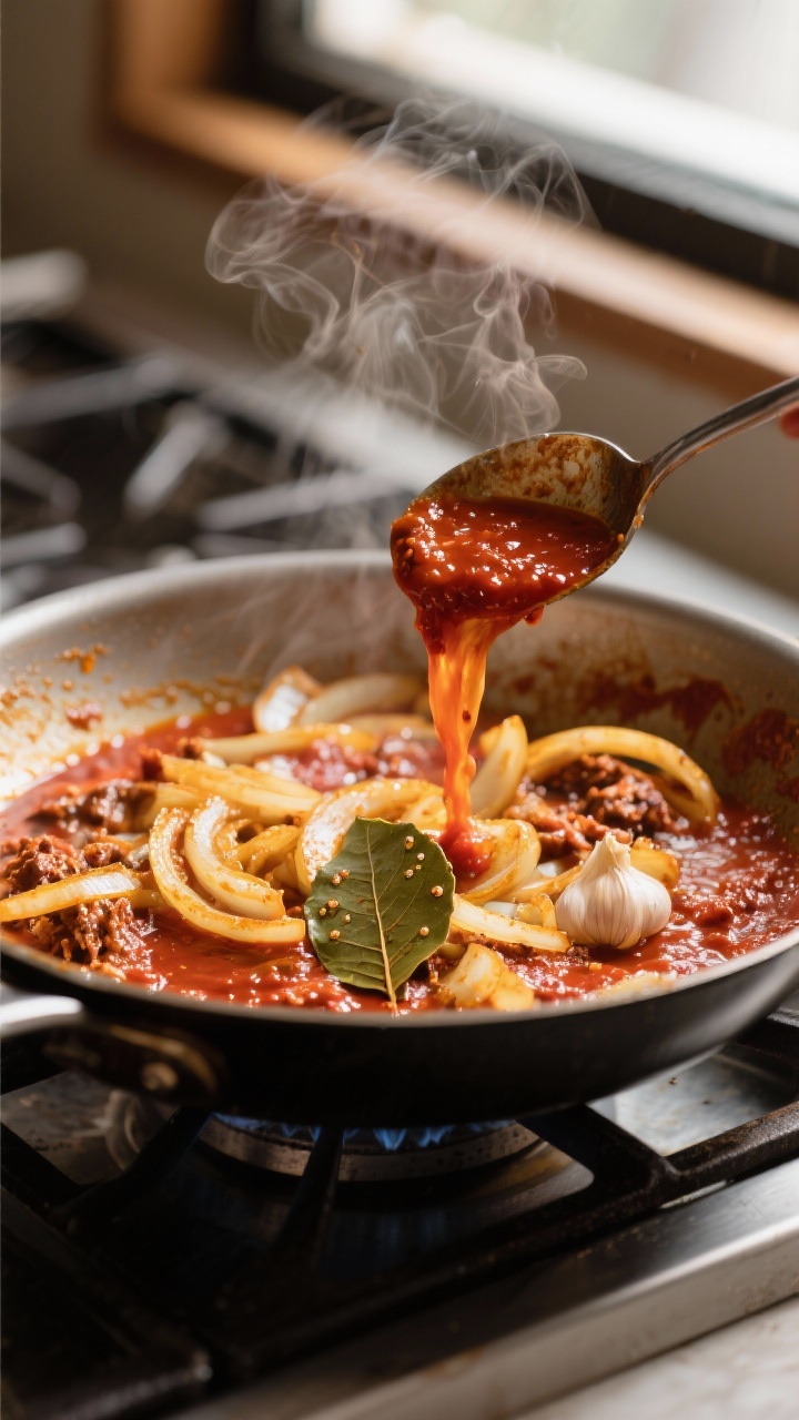 Cooking process: Sautéed onions and garlic turning golden in a wide skillet, then the blended smoky