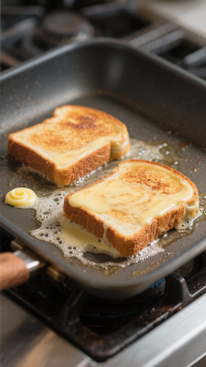 Cooking process scene: two custard-soaked slices frying on a buttered griddle over medium heat, even