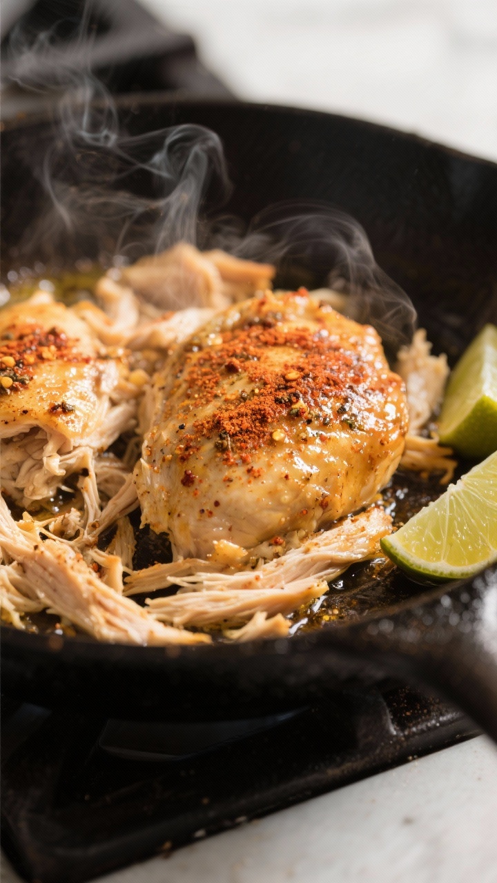 Cooking process: Seasoned chicken being warmed in a skillet, close-up of juicy shredded rotisserie c