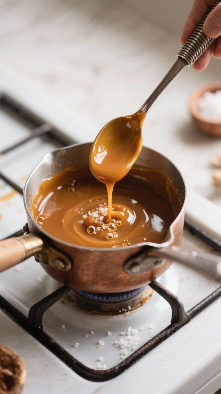 Cooking process shot: Overhead view of caramel sauce finishing on the stovetop—silky, glossy sauce