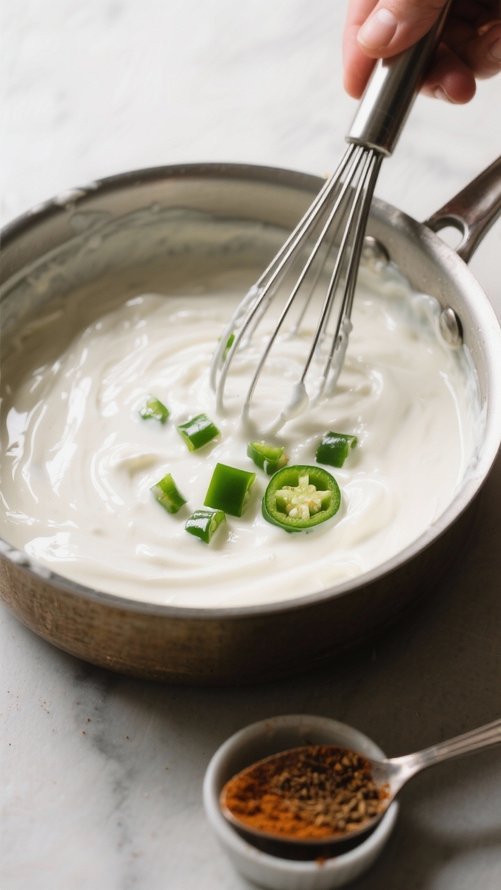 Cooking process shot: Sauce-making moment in a saucepan—whisk finishing the silky white sauce off
