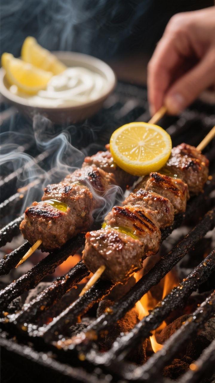 Cooking process: Skewered beef kofta on a grill over medium-high heat, clear grill marks and light c