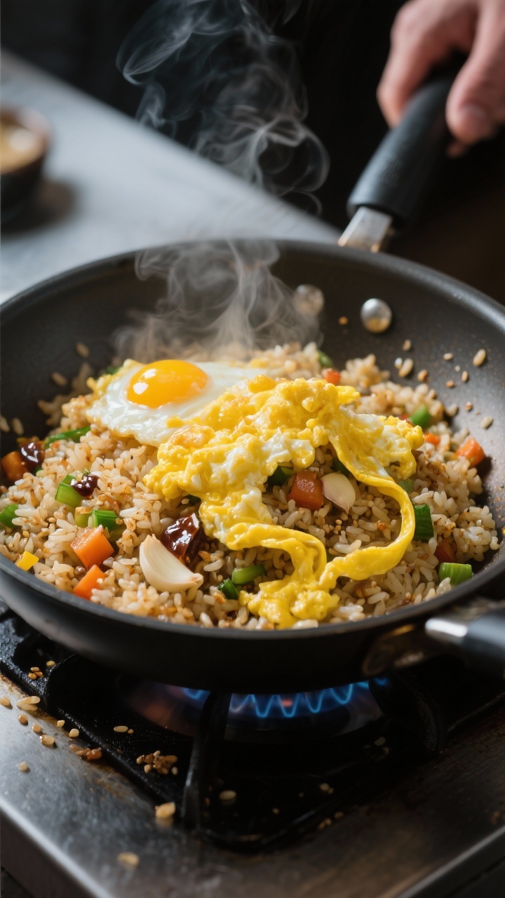 Cooking process: The optional egg version in action—scrambled egg just set and being folded throug