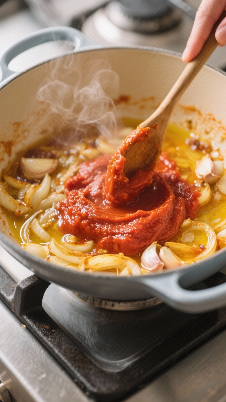 Cooking process – tomato paste caramelization: A shallow, close-up shot of tomato paste sizzling a