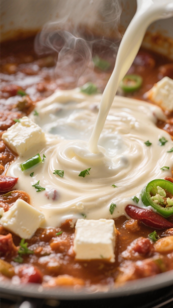 Creamy finish — Dairy folded in without boiling: Close-up detail of the chili at low heat as cubes