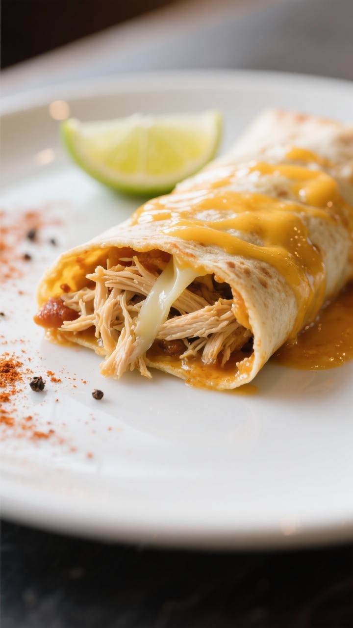 Final dish hero: Single enchilada slice detail on a plate with one end slightly cut to reveal the ju