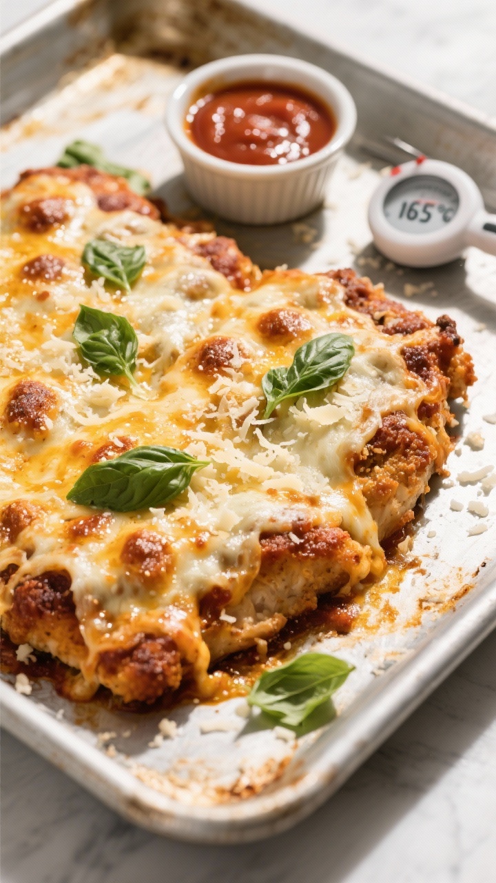 Final dish, overhead: Finished Chicken Parmesan just out of the oven on the sheet pan—cheese melte