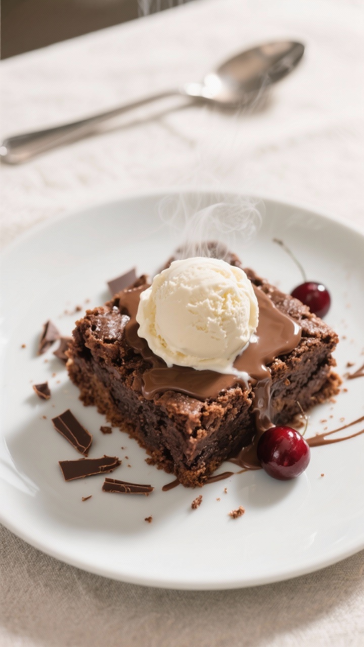 Final dish plated: Restaurant-quality presentation of a generous square of chocolate cherry dump cak