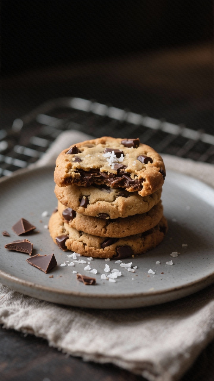Final dish presentation: A small stack of bakery-style chocolate chip cookies on a matte ceramic pla