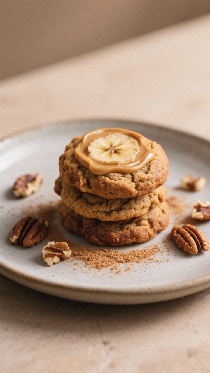 Final dish presentation: A small stack of banana bread cookies on a matte ceramic plate with a light