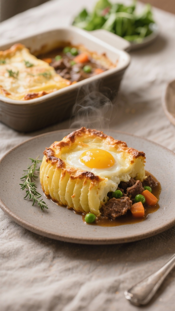 Final dish presentation: Beautifully baked shepherd’s pie served as a plated portion—golden, rid