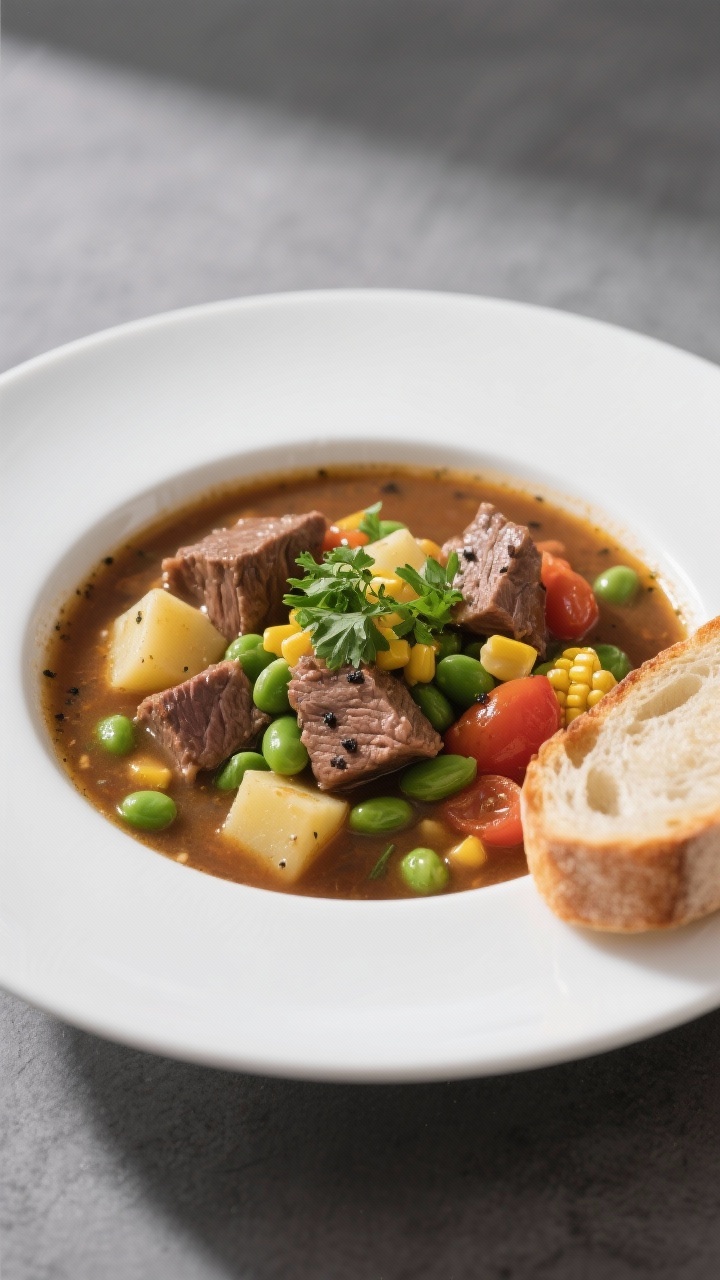 Final dish presentation: Beautifully plated beef vegetable soup in a wide, white bowl—chunky piece