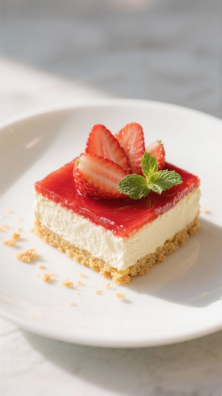 Final dish presentation: Beautifully plated square of the no-bake strawberry cream dessert on a matt