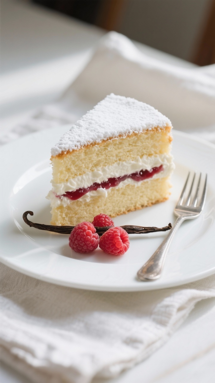 Final dish presentation: Beautifully plated two-layer vanilla sponge cake filled with whipped cream