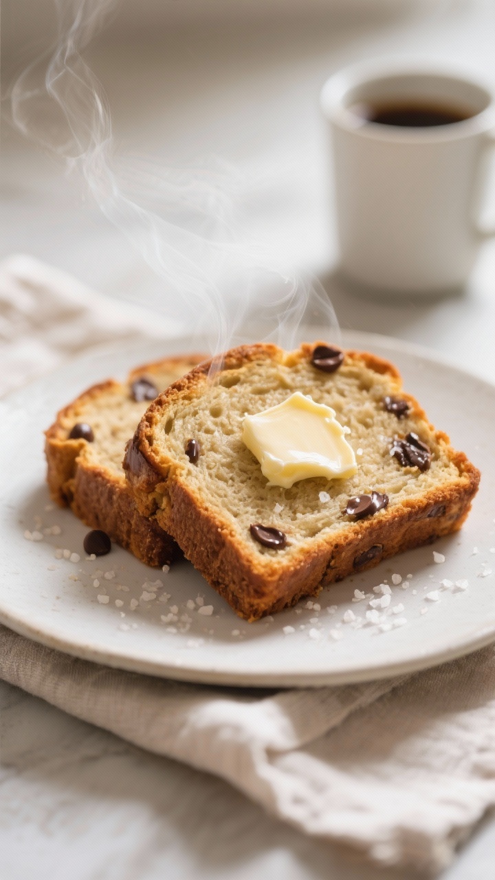 Final dish presentation: Beautifully plated warm banana bread slices on a matte white plate, lightly