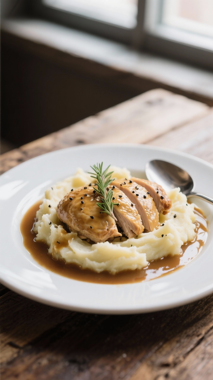 Final dish presentation: Comfort plate of creamy mashed potatoes with sliced roast chicken, generous