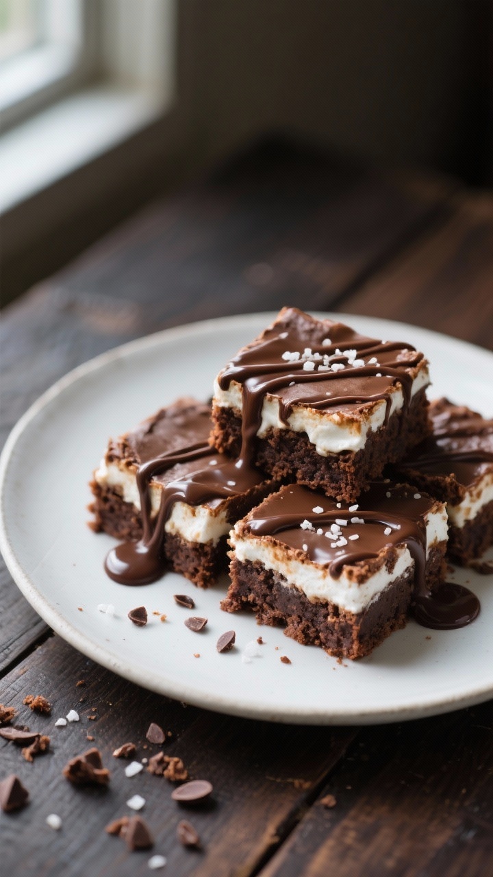 Final dish presentation: Neatly cut squares of Easy Homemade Marshmallow Brownies arranged on a matt