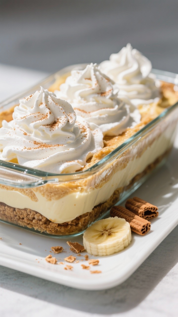 Final dish presentation: Restaurant-quality banana pudding in a 9x13 glass dish, topped with swoops