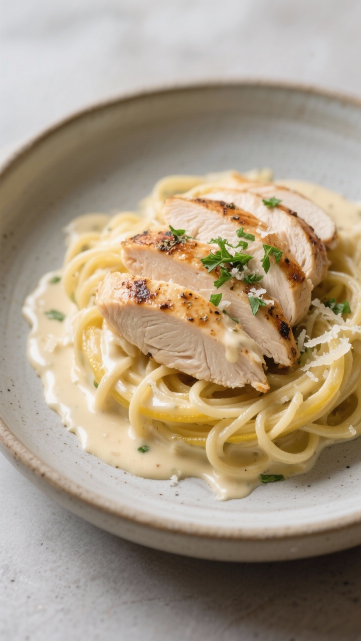 Final dish presentation: Restaurant-quality Chicken Alfredo, sliced grilled chicken breast fanned ov