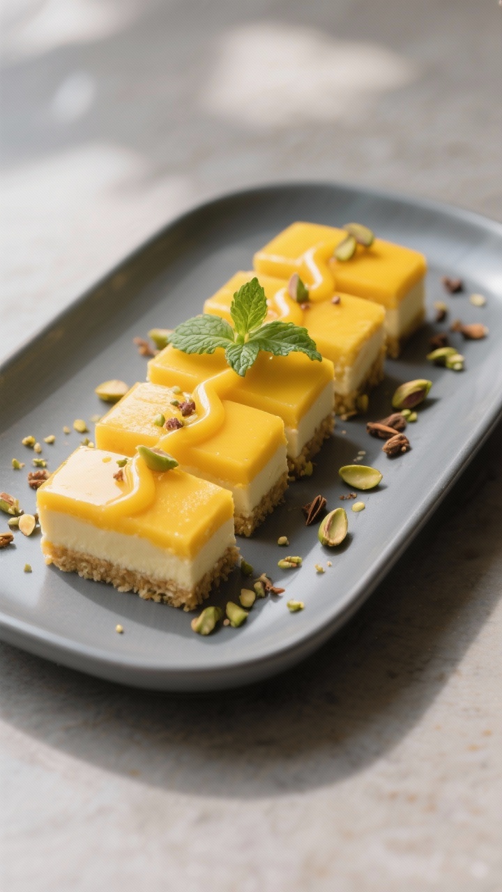 Final dish presentation: Restaurant-quality plate of mango dessert set in a shallow rectangular dish