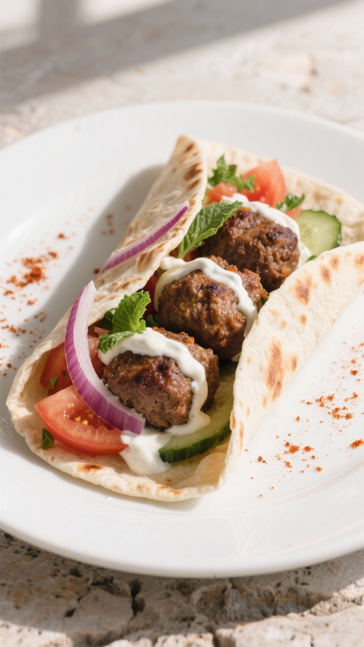 Final dish presentation: Restaurant-quality plated beef kofta wrap—warm pita folded around 2–3 k
