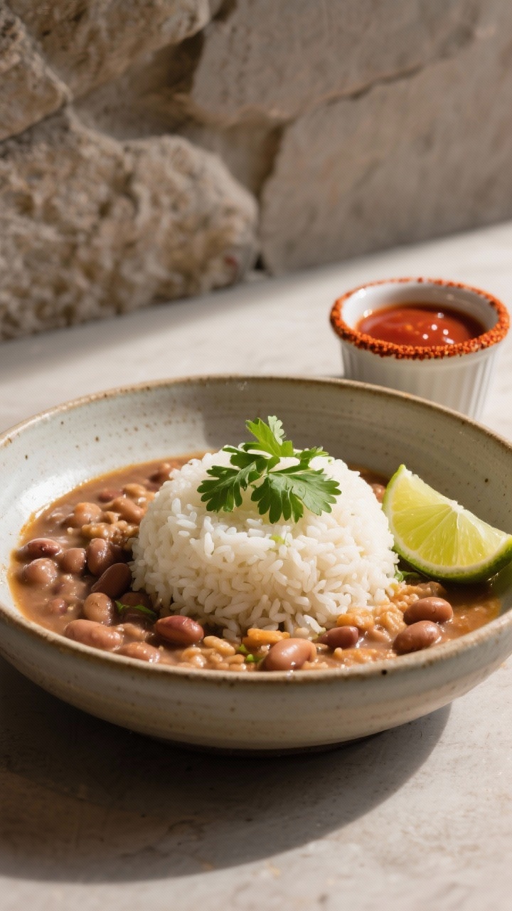 Final dish presentation: Restaurant-quality plated rice and beans “café style” in a low ceramic