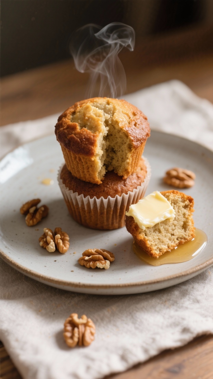 Final dish presentation: Restaurant-quality plating of three banana bread muffins stacked on a matte
