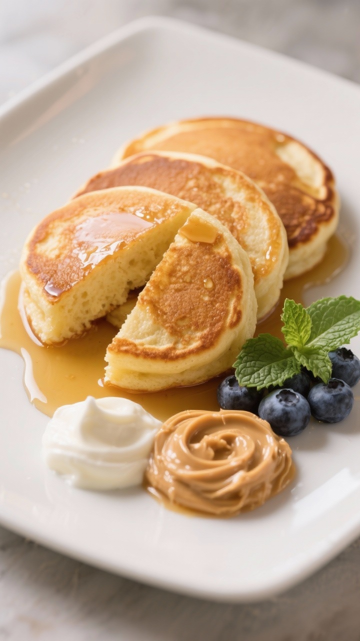 Final dish presentation: Restaurant-quality plating of three banana pancakes with a golden crust, cr