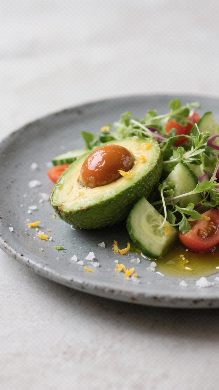 Final dish presentation: Restaurant-quality plating of a composed portion of the salad on a cool gra