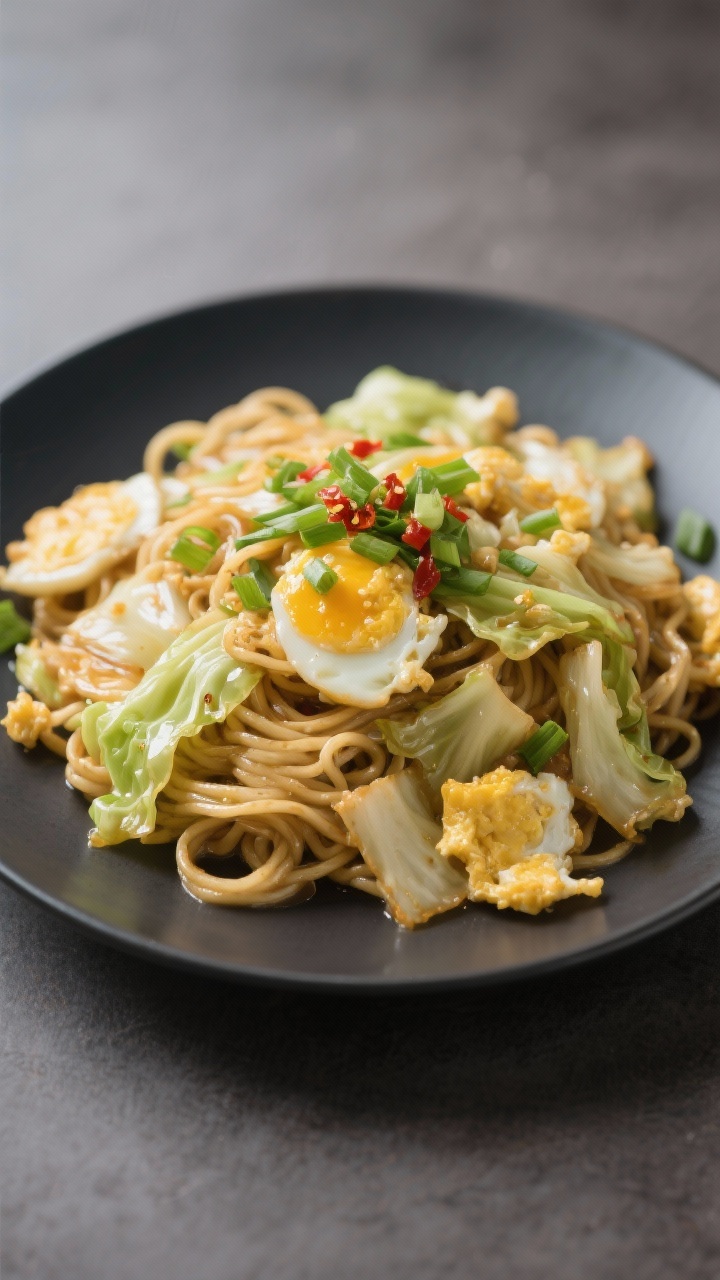 Final dish presentation: Restaurant-quality plating of Egg and Cabbage Stir Fry tossed with thin whe