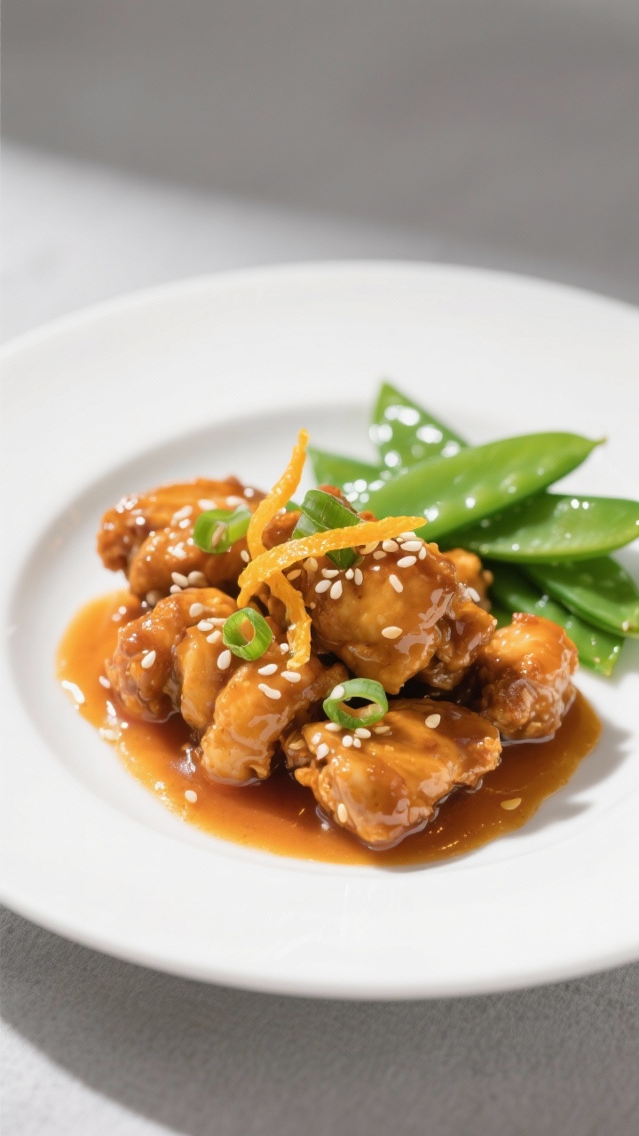 Final dish presentation: Restaurant-quality plating of orange chicken on a wide, shallow white plate