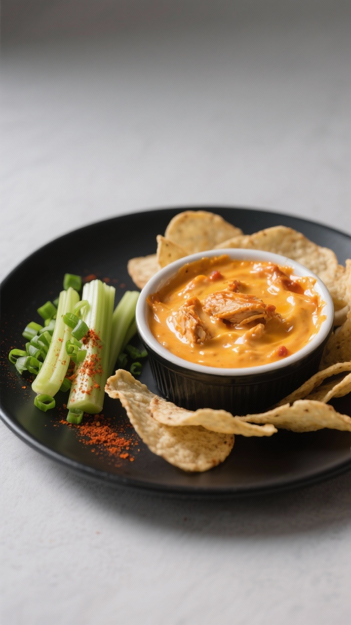 Final dish presentation: Restaurant-quality ramekin of hot Buffalo Chicken Dip plated on a matte bla