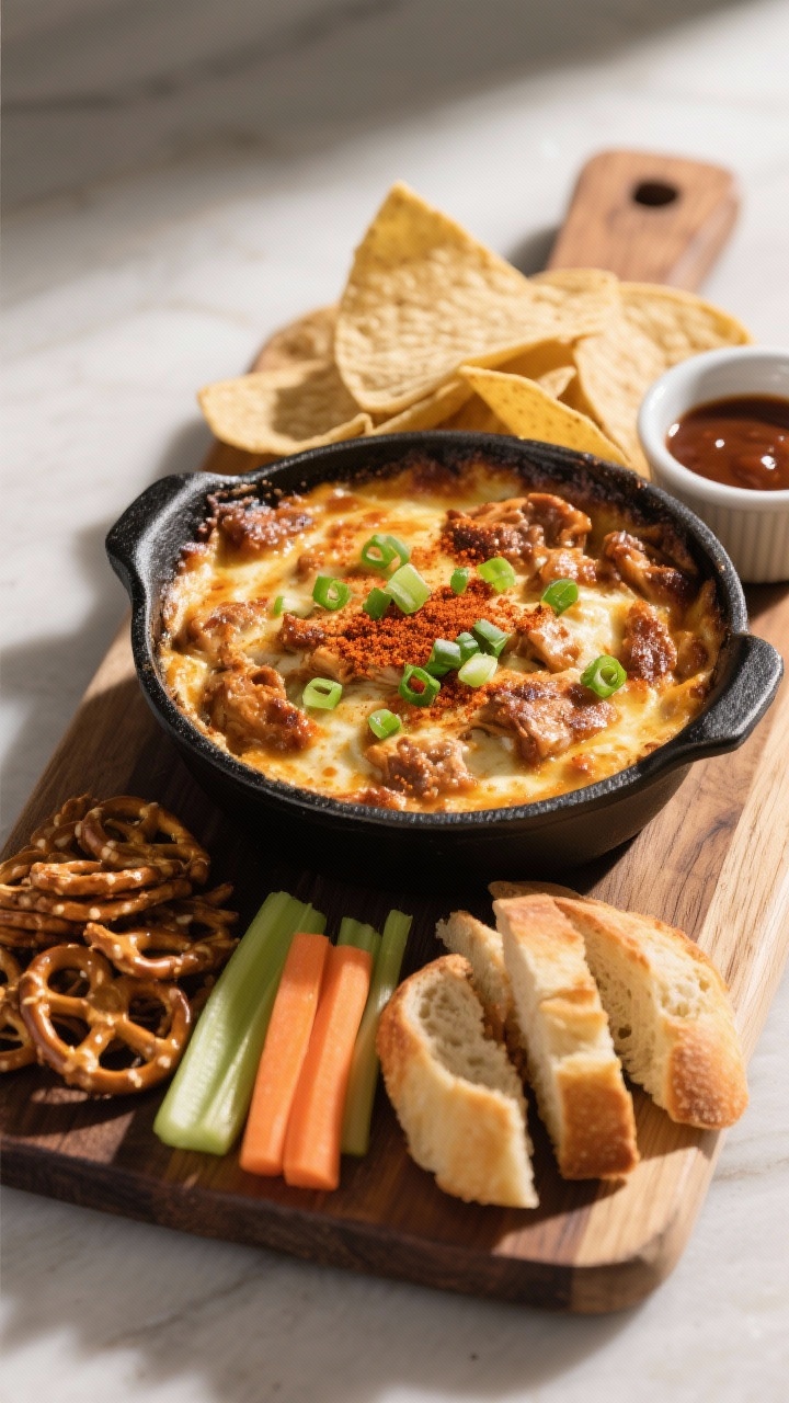 Final dish presentation: Restaurant-quality serving of BBQ Chicken Dip placed on a rustic wood board