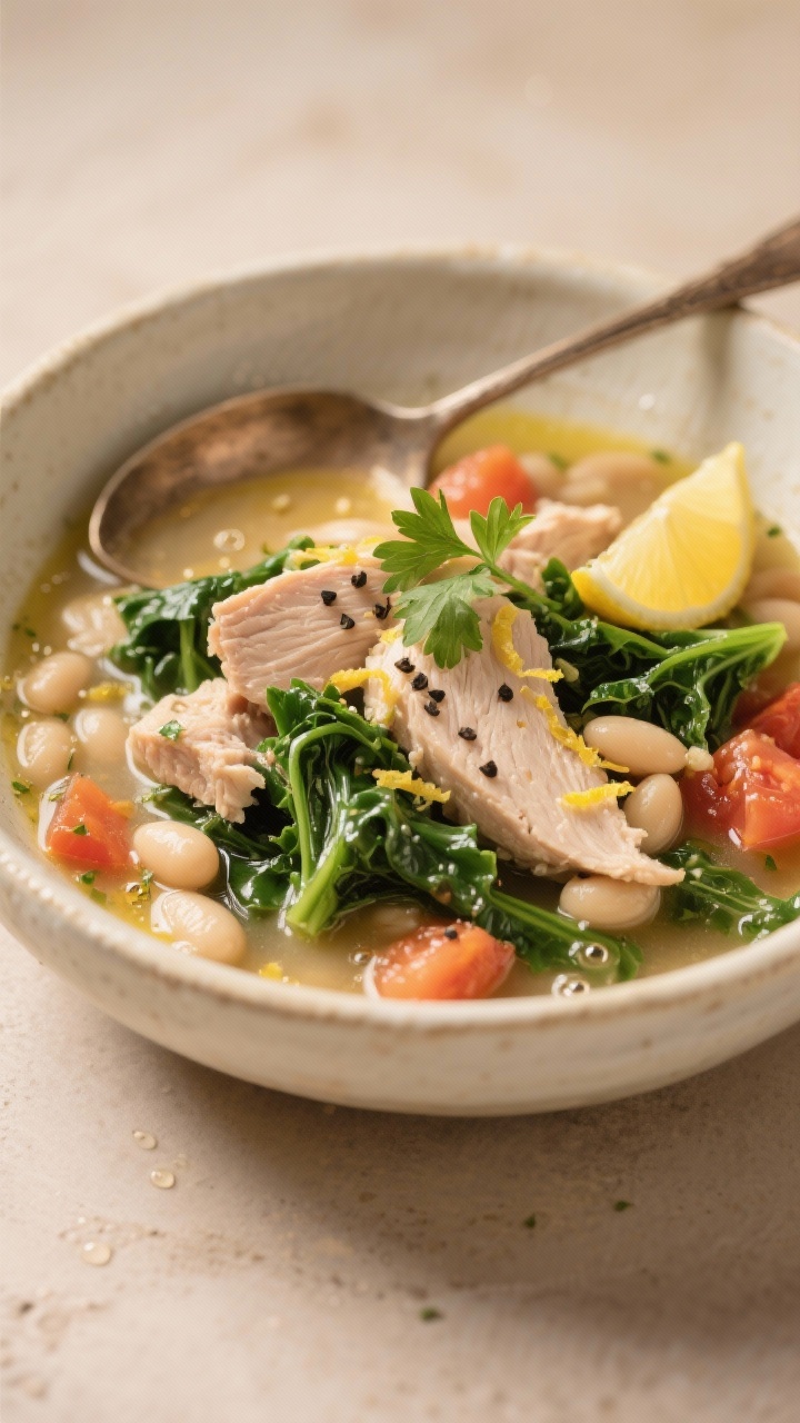 Final dish presentation — Turkey and white bean stew: beautifully plated bowl of tender turkey bre