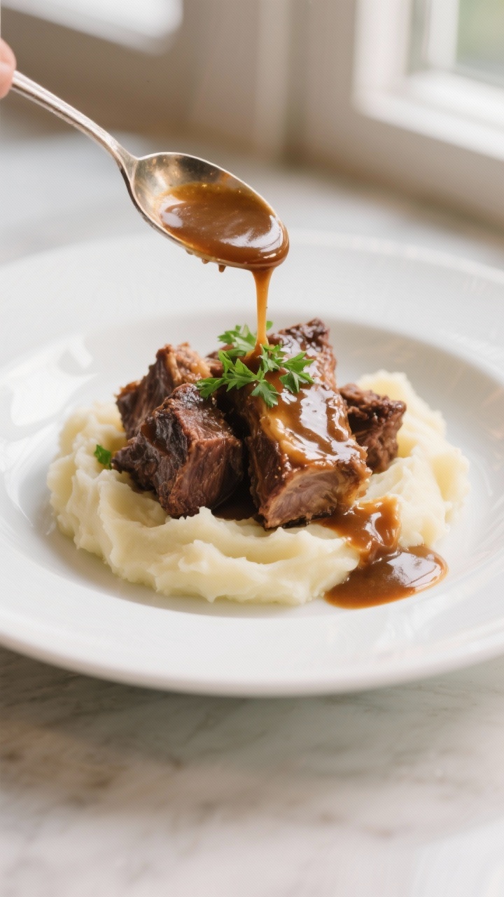 Final dish: Restaurant-quality plating of fall-apart beef short ribs over creamy mashed potatoes, sp