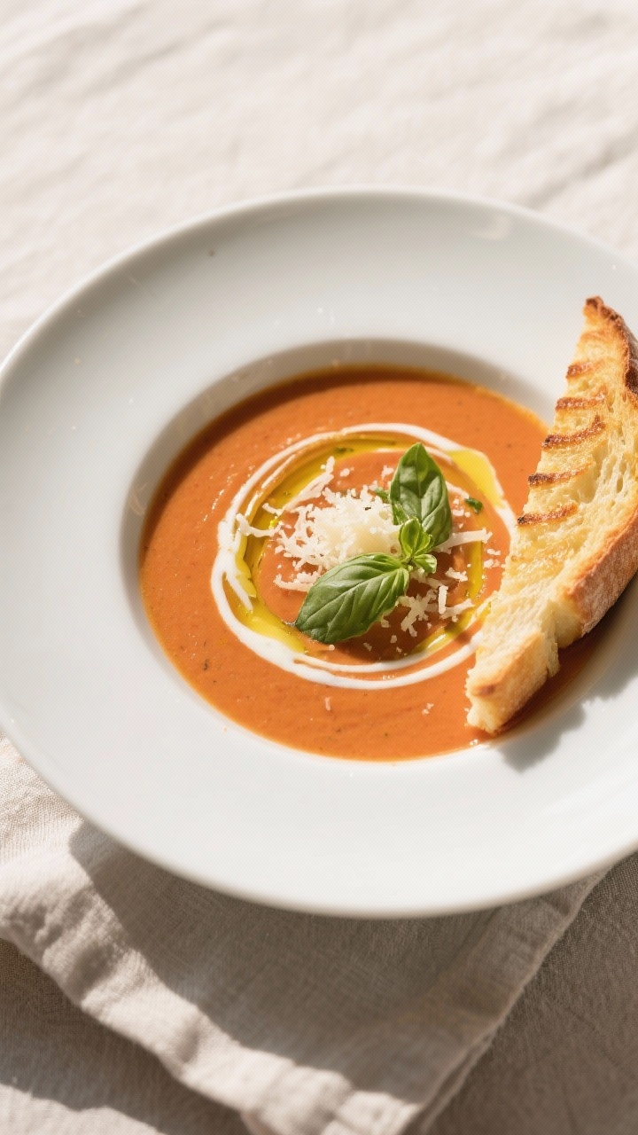 Final dish – restaurant-quality plating with garnishes: Beautifully plated creamy tomato basil sou