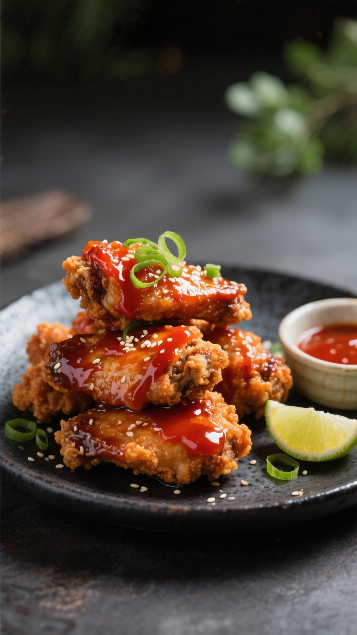 Final plated beauty: Restaurant-quality presentation of Korean fried chicken wings stacked high on a