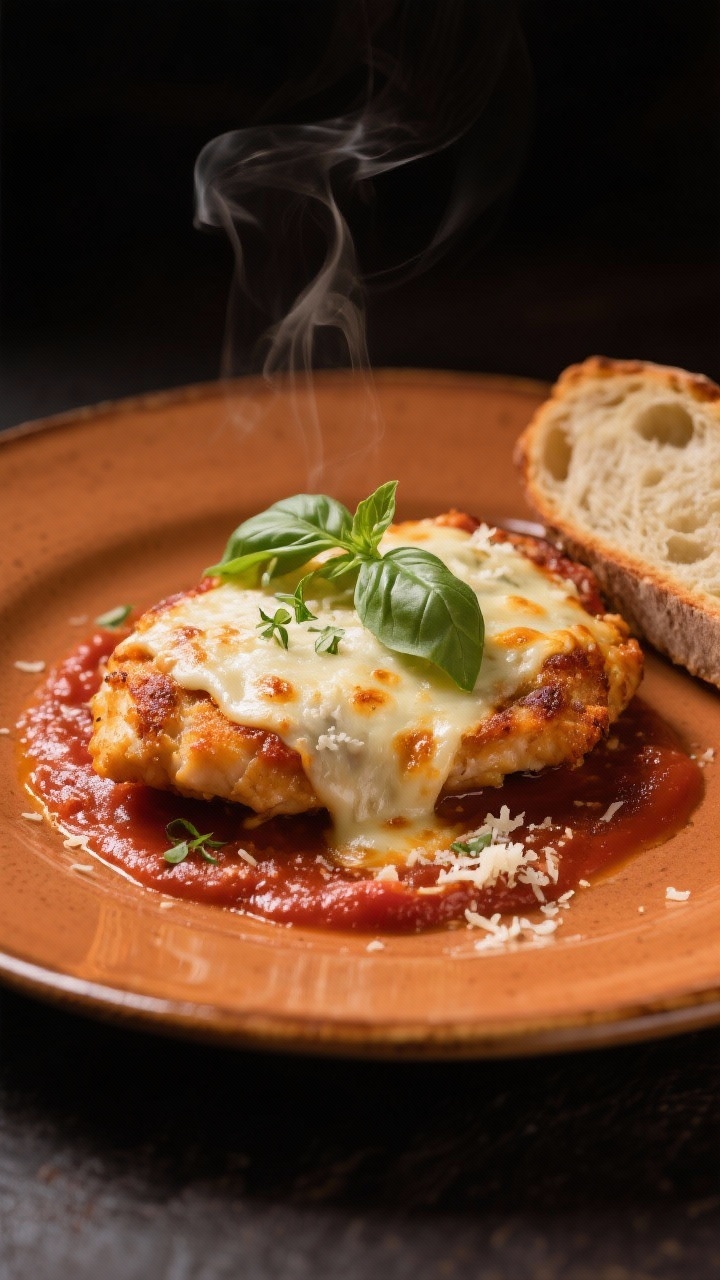 Final plated beauty: Restaurant-quality single portion of Chicken Parmesan on a warm-toned ceramic p