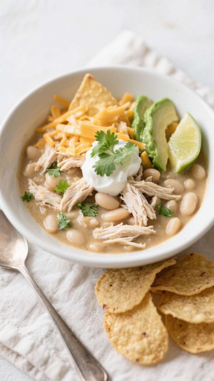 Final plated bowl — Cozy, garnished serving: Tasty overhead view of a finished bowl of White Chick