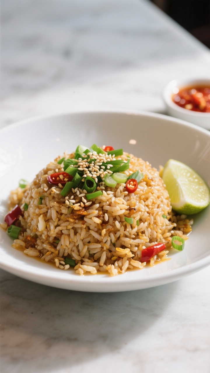 Final plated dish: Restaurant-quality bowl of Chilli Garlic Fried Rice, neatly mounded in a white ce