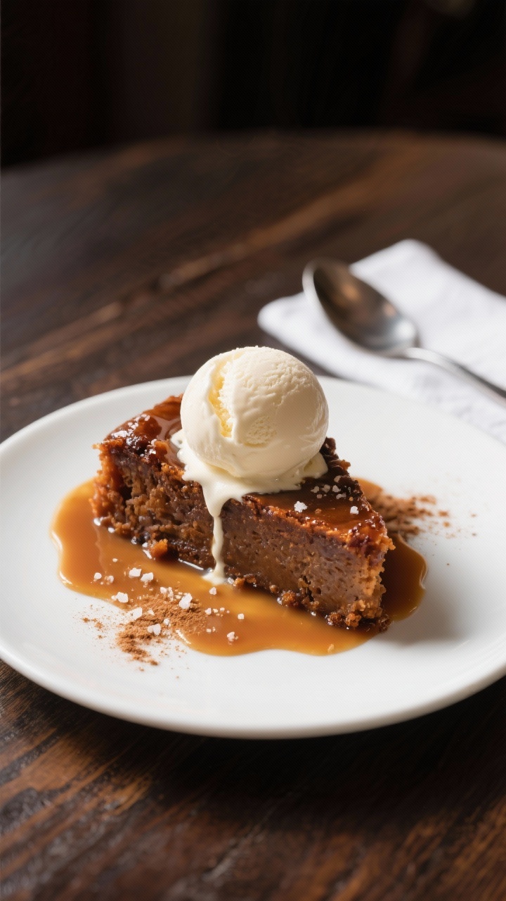 Final plated dish: Restaurant-quality presentation of a warm wedge of sticky toffee pudding on a mat