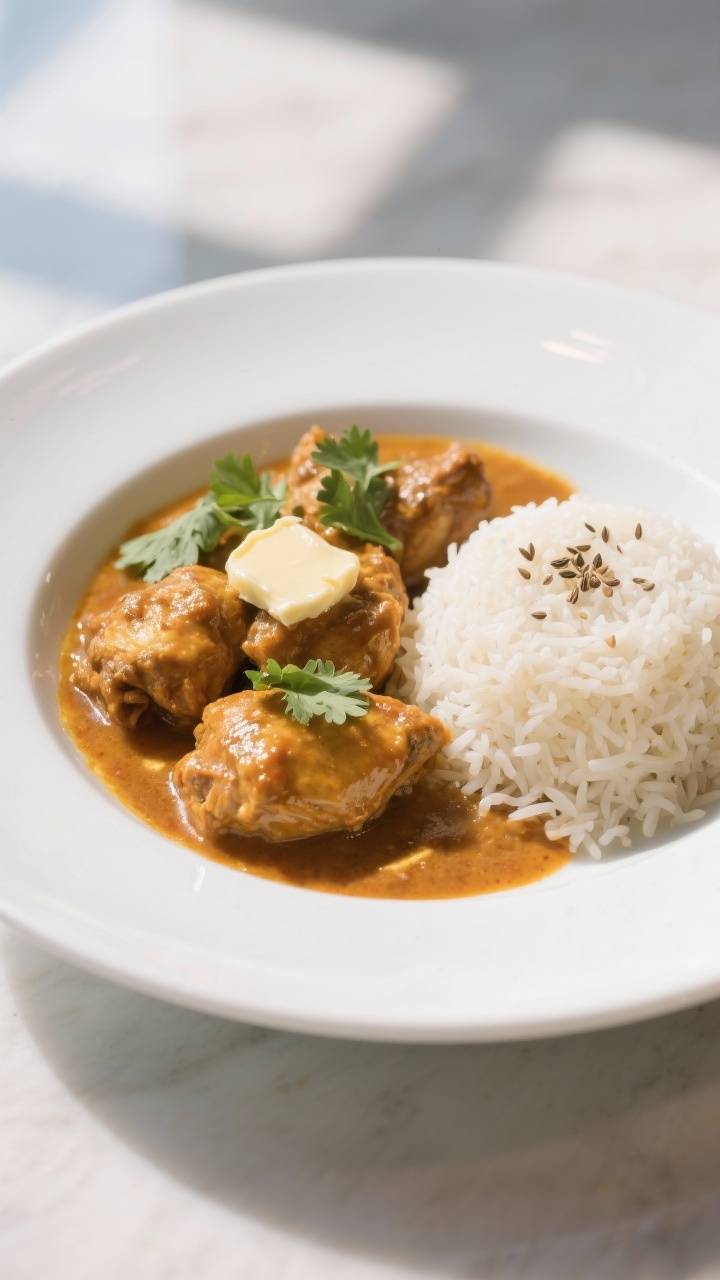 Final plated dish: Restaurant-quality presentation of butter chicken in a white shallow bowl—sauce