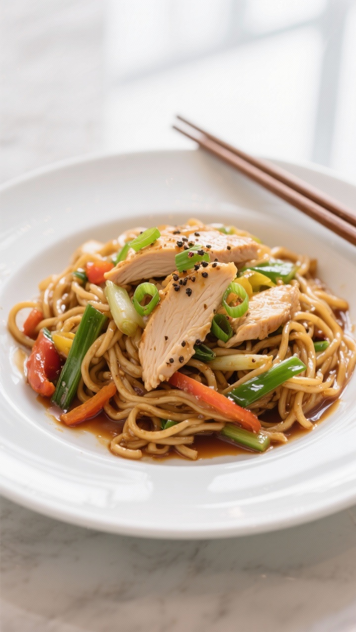 Final plated dish: Restaurant-quality presentation of chicken lo mein in a wide, shallow white plate