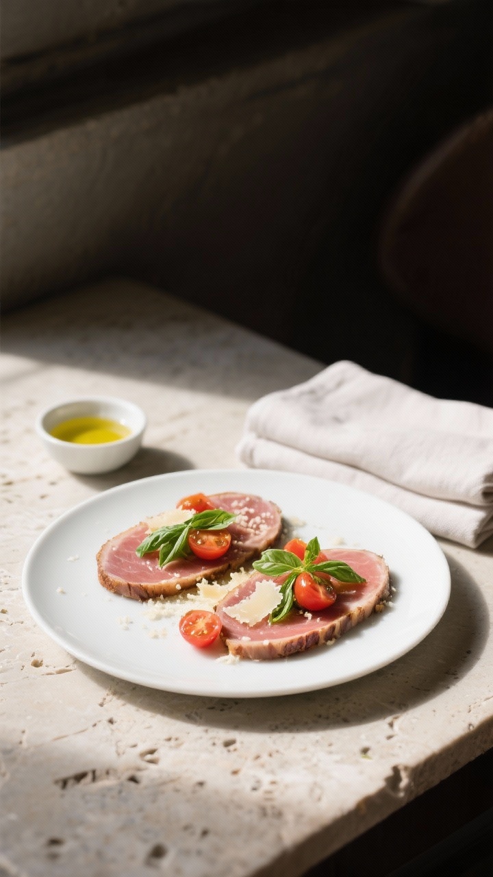 Final plated presentation: Restaurant-quality plating of two medium-thin slices on a matte white pla